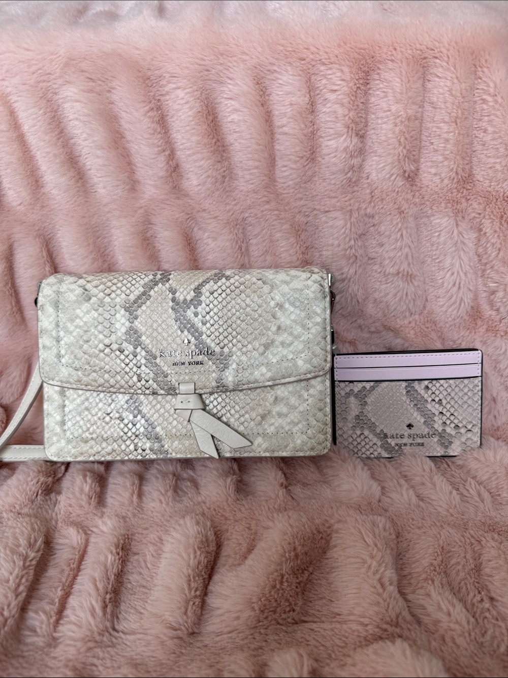 Kate Spade Set Cream Snakeskin Crossbody with Pink Card Holder